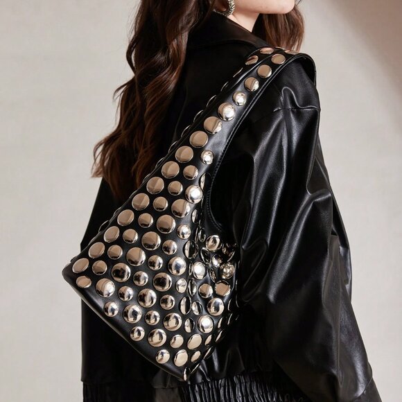 MODA ME COUTURE Handbags - Black Punk Women's Bucket Bag with Metal Studs